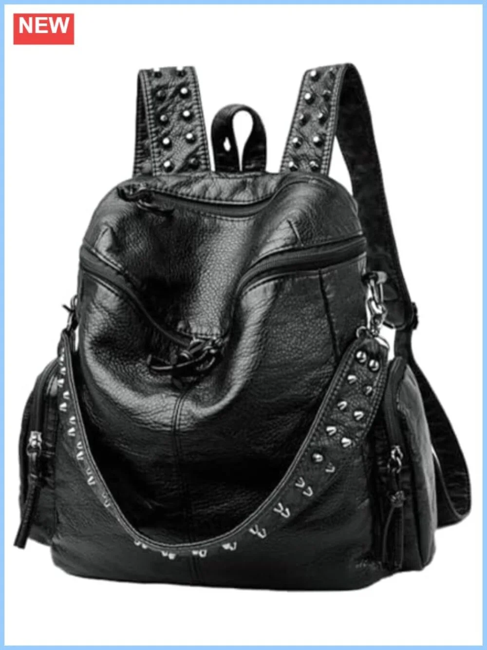 Vegan PU Leather Studded Backpack Purse with Knotted Zippers - Travel Daypack